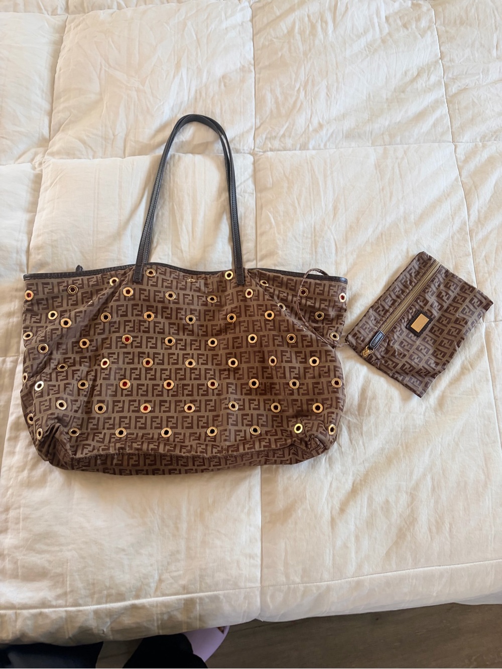RARE Y2K Fendi Brown Monogram Tote with Gold Grommet Accents